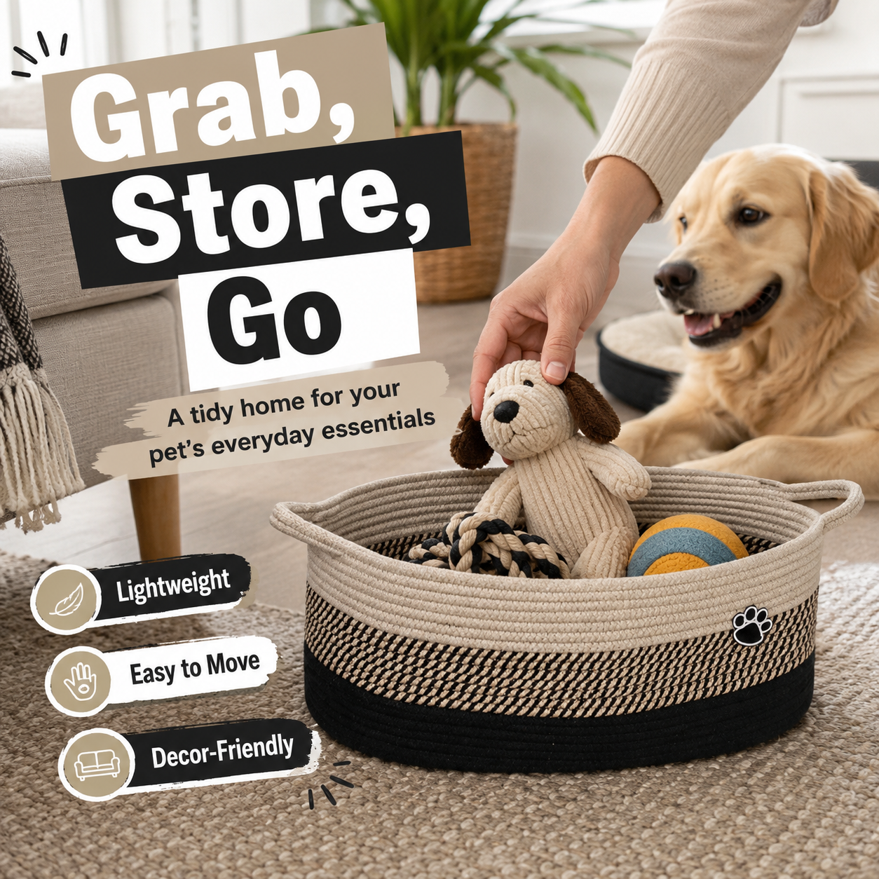 Woven Pet Toy Storage Basket with Handles