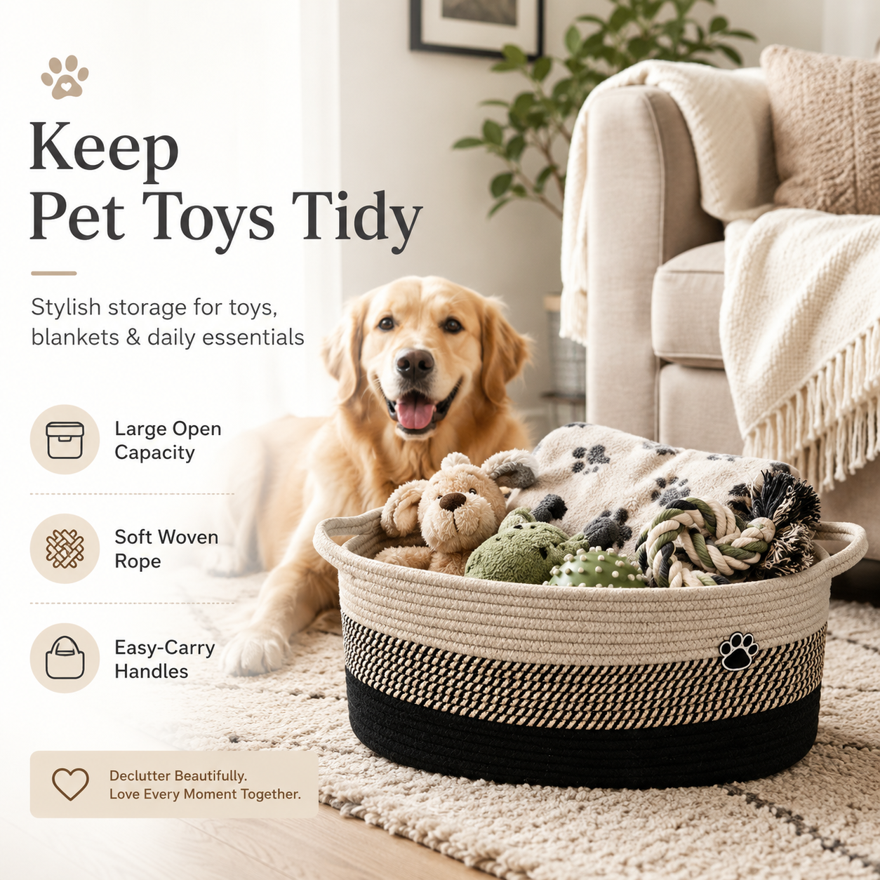 Woven Pet Toy Storage Basket with Handles